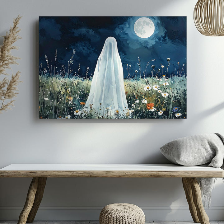 Ghost in Wildflower Meadow Canvas – Serene Moonlit Halloween Nature Art - Gifitto