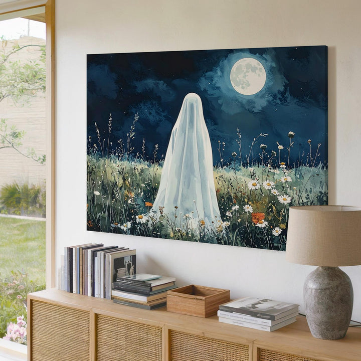 Ghost in Wildflower Meadow Canvas – Serene Moonlit Halloween Nature Art - Gifitto