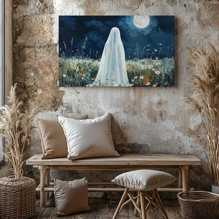Ghost in Wildflower Meadow Canvas – Serene Moonlit Halloween Nature Art - Gifitto