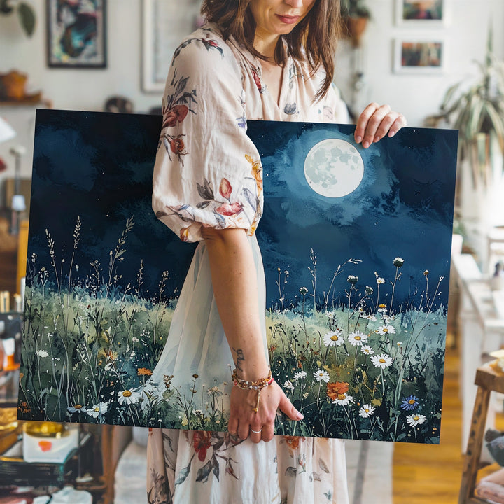 Ghost in Wildflower Meadow Canvas – Serene Moonlit Halloween Nature Art - Gifitto