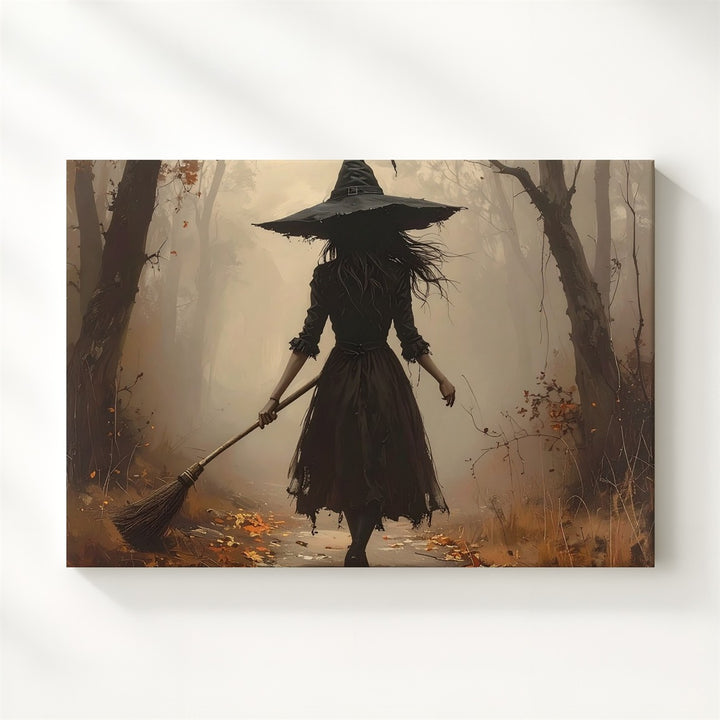 Solitary Witch in Misty Forest Canvas – Ethereal Halloween Journey Wall Art - Gifitto