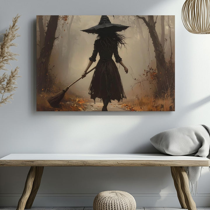 Solitary Witch in Misty Forest Canvas – Ethereal Halloween Journey Wall Art - Gifitto