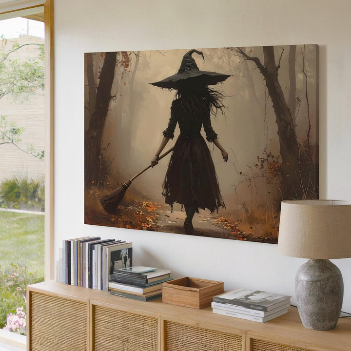 Solitary Witch in Misty Forest Canvas – Ethereal Halloween Journey Wall Art - Gifitto