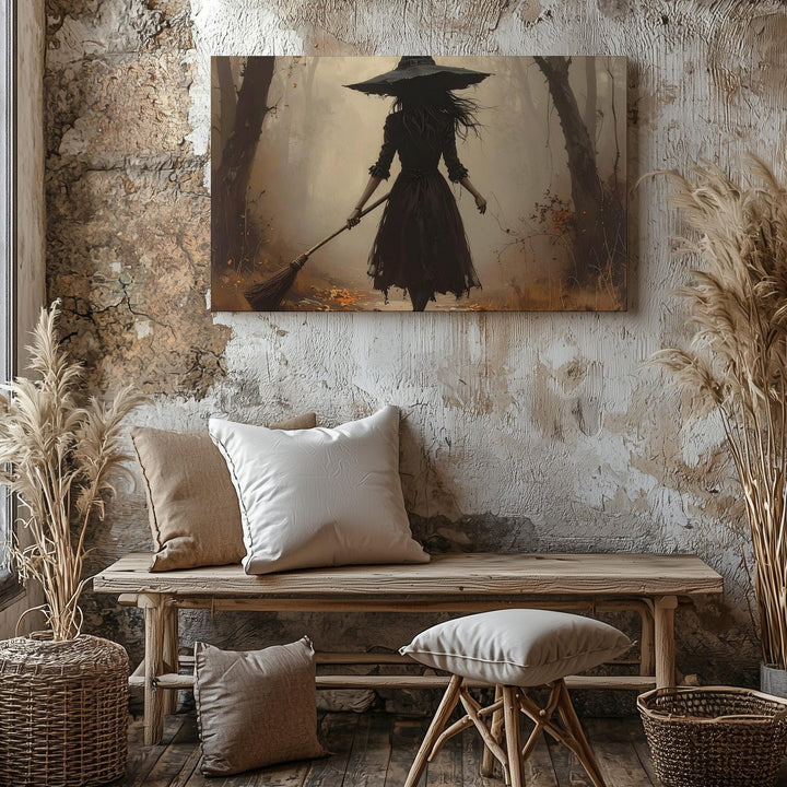 Solitary Witch in Misty Forest Canvas – Ethereal Halloween Journey Wall Art - Gifitto
