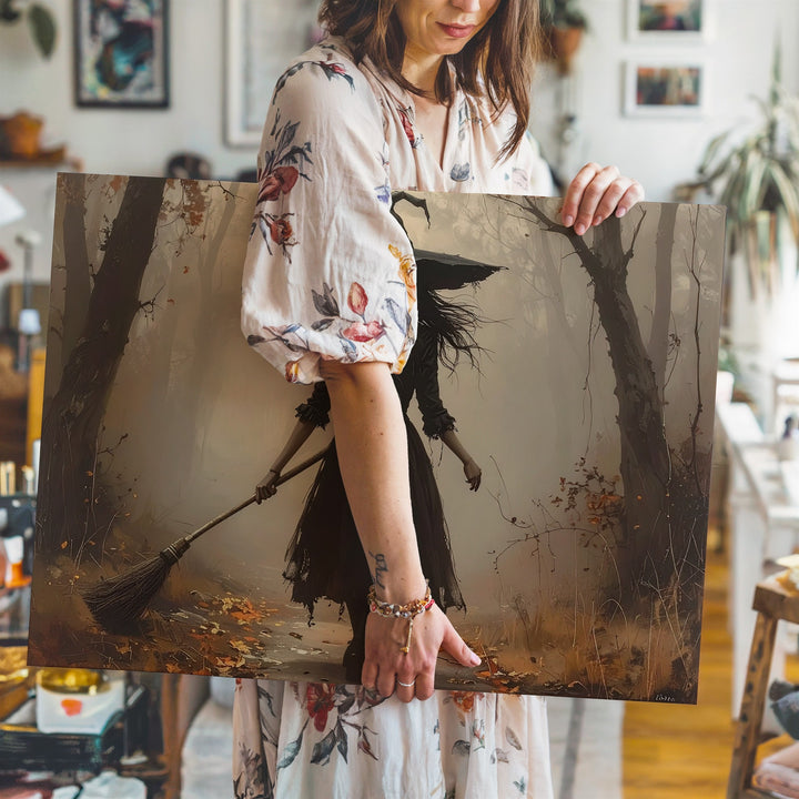 Solitary Witch in Misty Forest Canvas – Ethereal Halloween Journey Wall Art - Gifitto