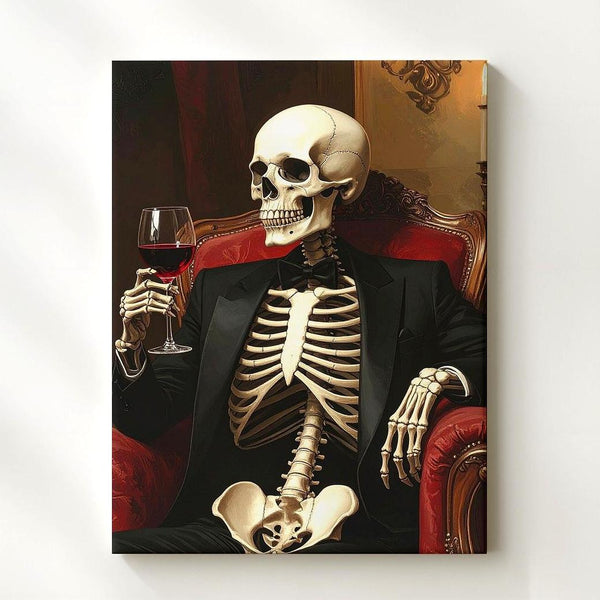 Skeleton with Wine in Tuxedo Canvas – Gothic Halloween Lounge Wall Art - Gifitto