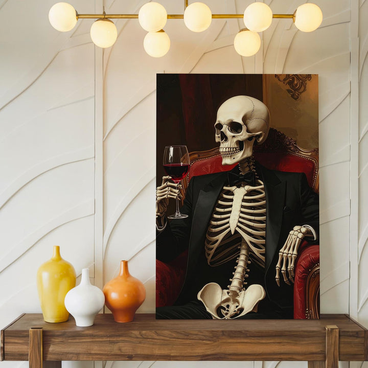 Skeleton with Wine in Tuxedo Canvas – Gothic Halloween Lounge Wall Art - Gifitto