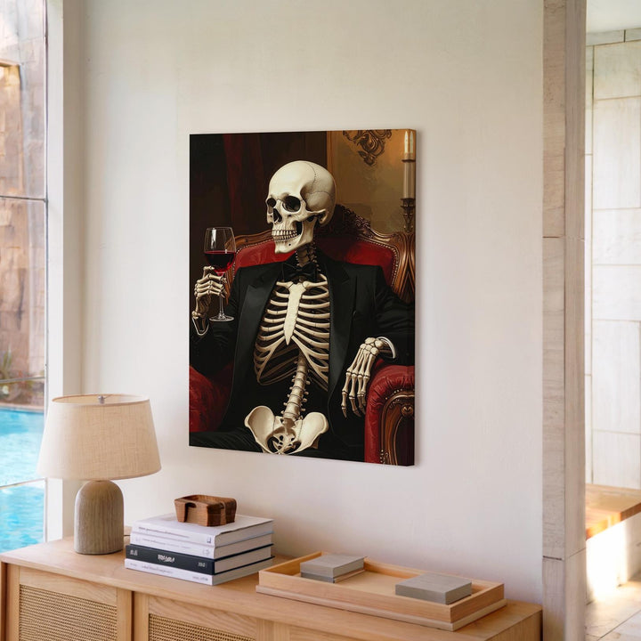 Skeleton with Wine in Tuxedo Canvas – Gothic Halloween Lounge Wall Art - Gifitto