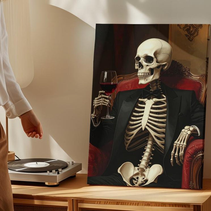 Skeleton with Wine in Tuxedo Canvas – Gothic Halloween Lounge Wall Art - Gifitto