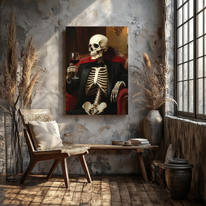 Skeleton with Wine in Tuxedo Canvas – Gothic Halloween Lounge Wall Art - Gifitto
