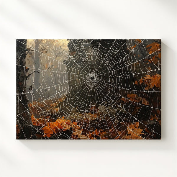 Dewy Spider Web & Orange Leaves Canvas – Autumn Forest Halloween Art - Gifitto