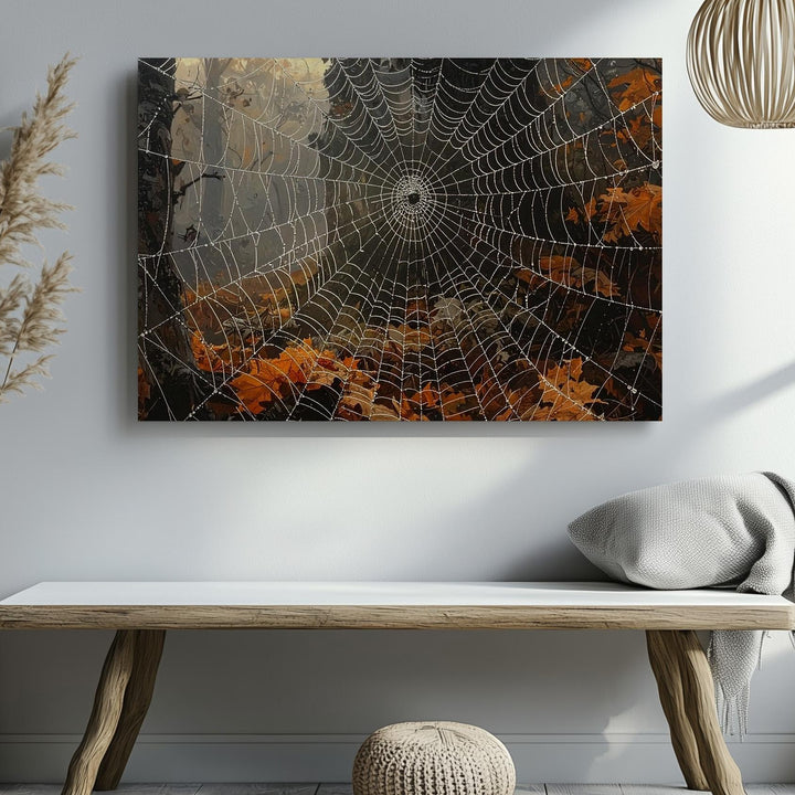 Dewy Spider Web & Orange Leaves Canvas – Autumn Forest Halloween Art - Gifitto
