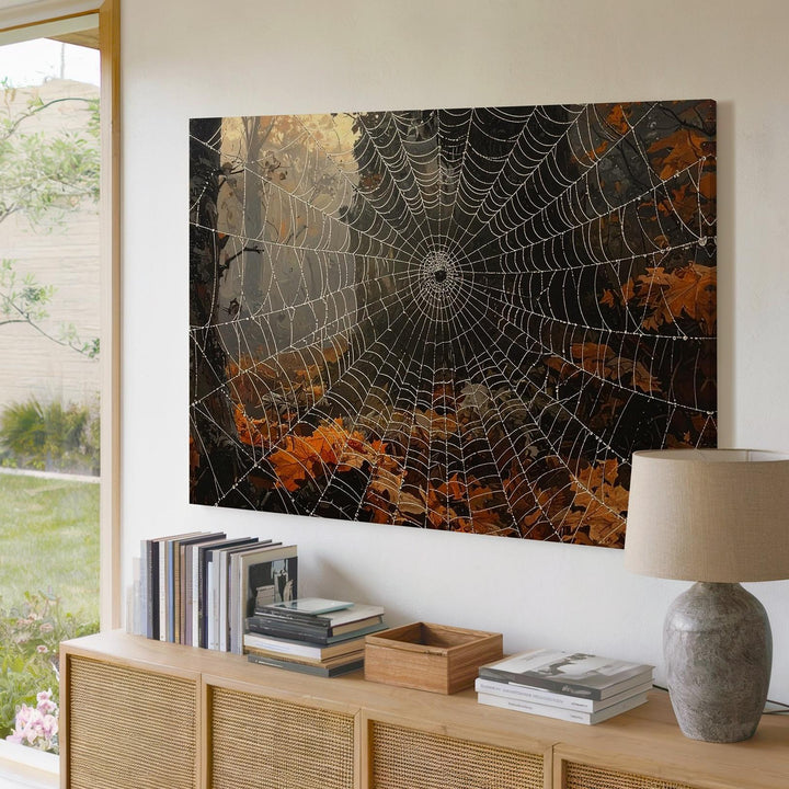Dewy Spider Web & Orange Leaves Canvas – Autumn Forest Halloween Art - Gifitto