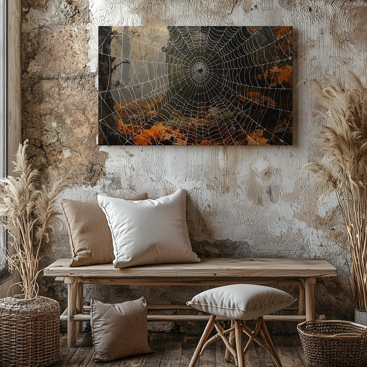 Dewy Spider Web & Orange Leaves Canvas – Autumn Forest Halloween Art - Gifitto