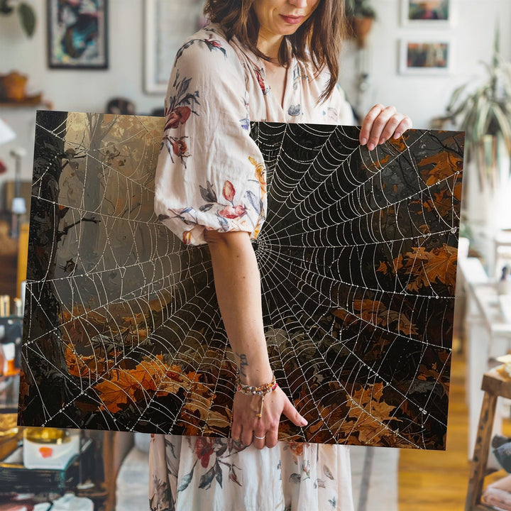 Dewy Spider Web & Orange Leaves Canvas – Autumn Forest Halloween Art - Gifitto