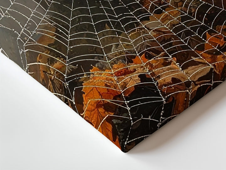 Dewy Spider Web & Orange Leaves Canvas – Autumn Forest Halloween Art - Gifitto