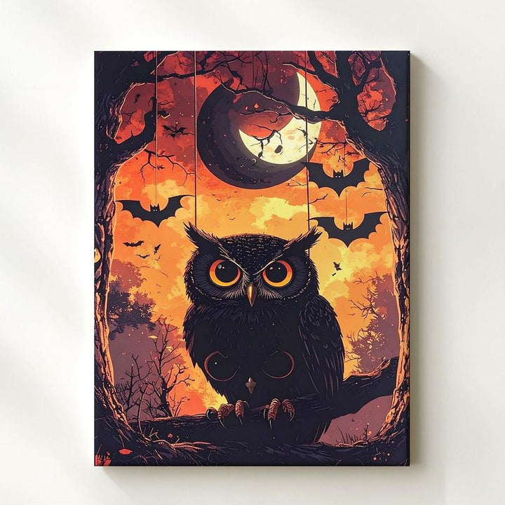 Hypnotic Owl & Crescent Moon Canvas – Dark Whimsical Halloween Forest Art - Gifitto