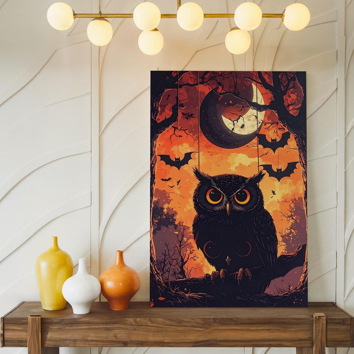 Hypnotic Owl & Crescent Moon Canvas – Dark Whimsical Halloween Forest Art - Gifitto
