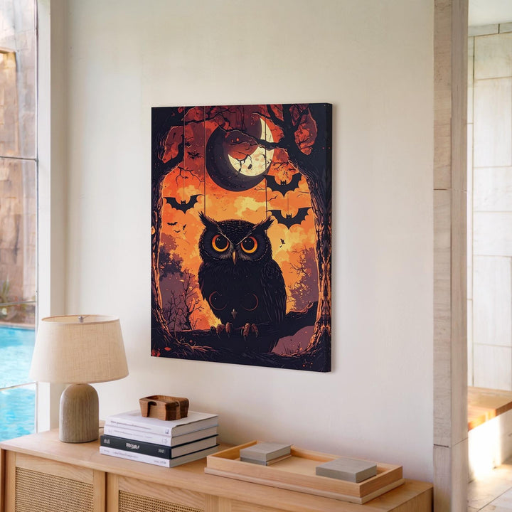 Hypnotic Owl & Crescent Moon Canvas – Dark Whimsical Halloween Forest Art - Gifitto