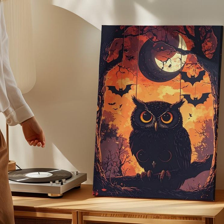 Hypnotic Owl & Crescent Moon Canvas – Dark Whimsical Halloween Forest Art - Gifitto
