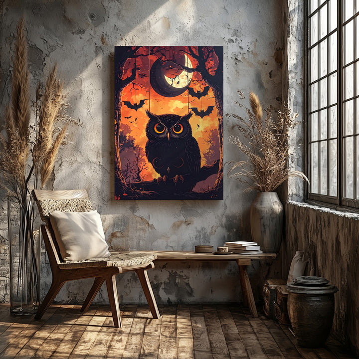 Hypnotic Owl & Crescent Moon Canvas – Dark Whimsical Halloween Forest Art - Gifitto
