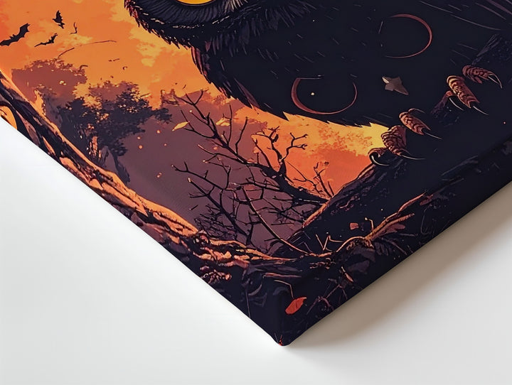 Hypnotic Owl & Crescent Moon Canvas – Dark Whimsical Halloween Forest Art - Gifitto