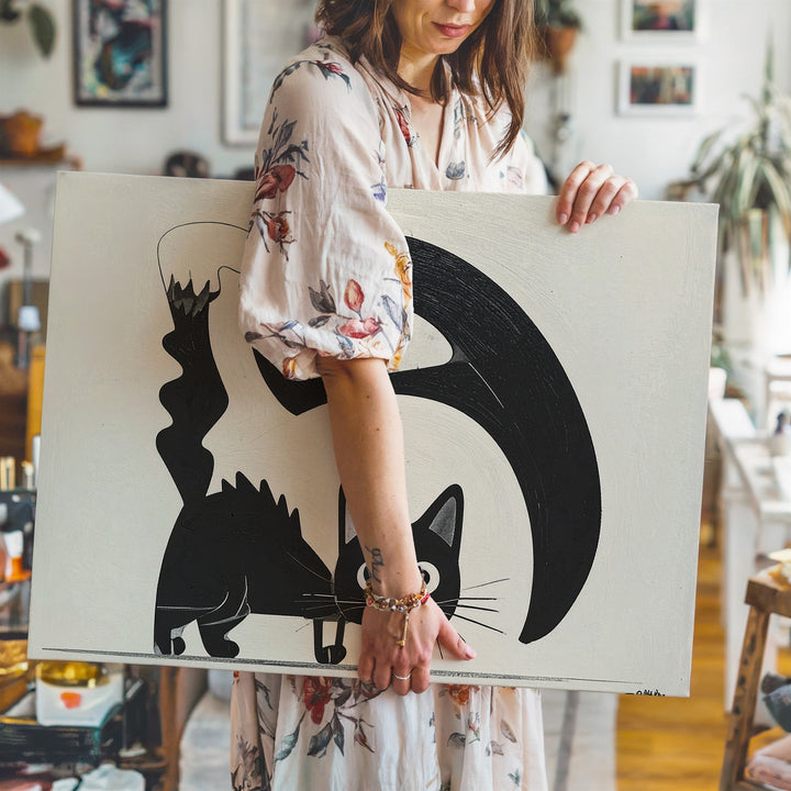 Black Cat Halloween Canvas – Minimalist Vintage Silhouette Wall Art - Gifitto