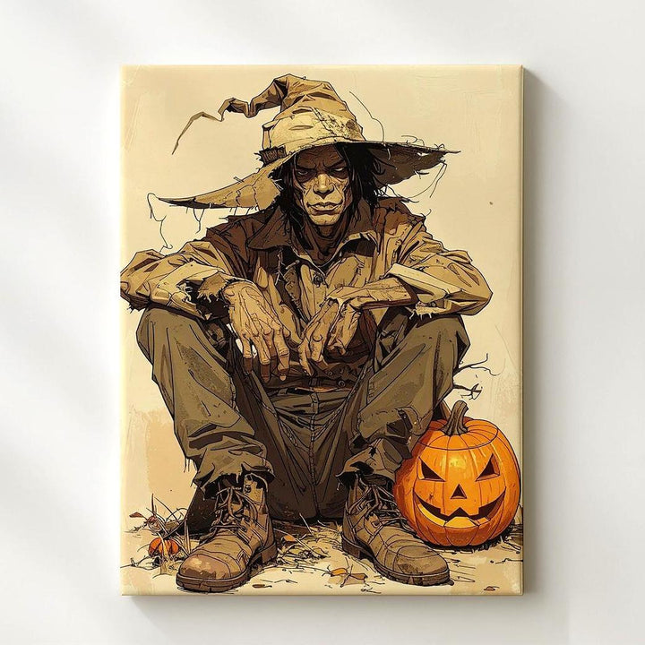 Gothic Scarecrow Canvas – Tattered Hat & Jack-O’-Lantern Folk Halloween Art - Gifitto