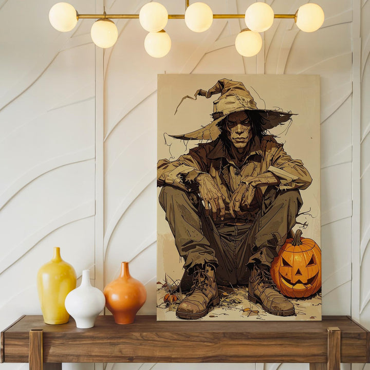 Gothic Scarecrow Canvas – Tattered Hat & Jack-O’-Lantern Folk Halloween Art - Gifitto