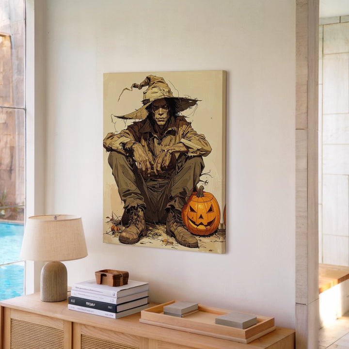 Gothic Scarecrow Canvas – Tattered Hat & Jack-O’-Lantern Folk Halloween Art - Gifitto