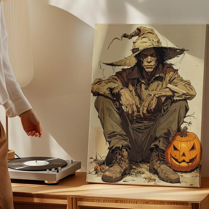 Gothic Scarecrow Canvas – Tattered Hat & Jack-O’-Lantern Folk Halloween Art - Gifitto