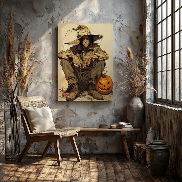 Gothic Scarecrow Canvas – Tattered Hat & Jack-O’-Lantern Folk Halloween Art - Gifitto