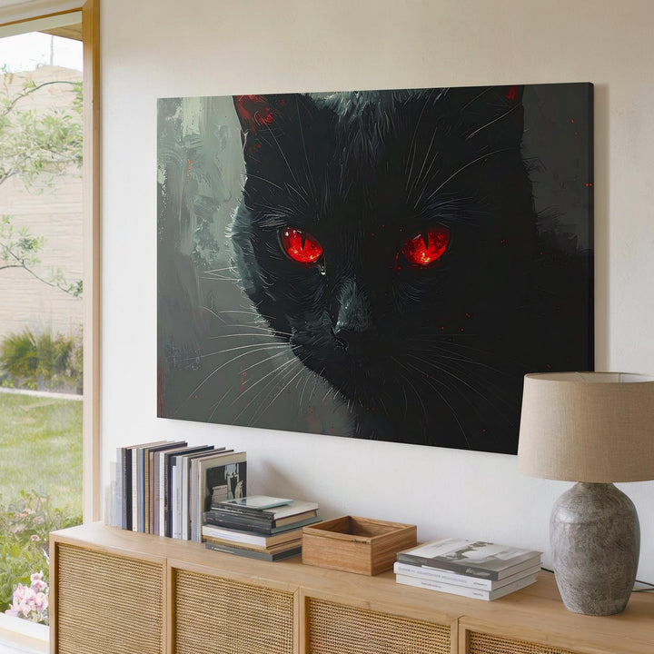Red-Eyed Black Cat Canvas – Supernatural Halloween Guardian Wall Art - Gifitto