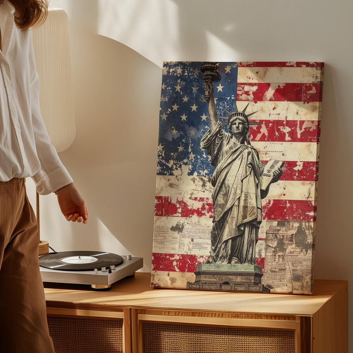 Statue of Liberty Canvas – Distressed Flag & Vintage Freedom Wall Art - Gifitto