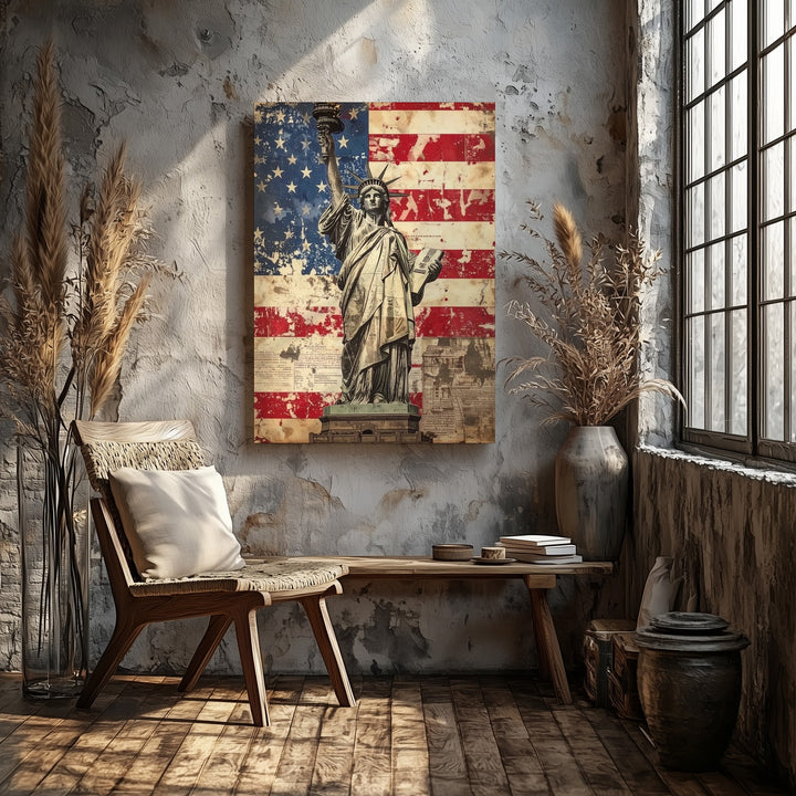 Statue of Liberty Canvas – Distressed Flag & Vintage Freedom Wall Art - Gifitto
