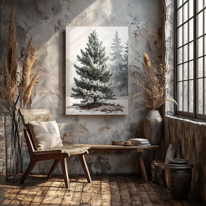 Watercolor Fir Tree Canvas – Elegant Minimal Winter Forest Wall Art - Gifitto