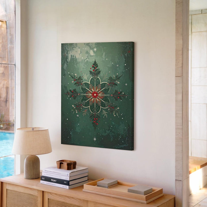 Floral Holly Snowflake Canvas – Elegant Nature-Inspired Christmas Wall Art - Gifitto
