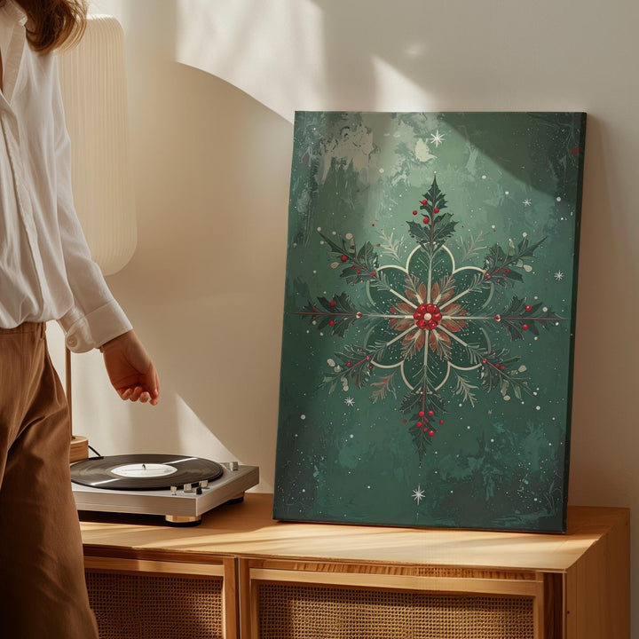 Floral Holly Snowflake Canvas – Elegant Nature-Inspired Christmas Wall Art - Gifitto