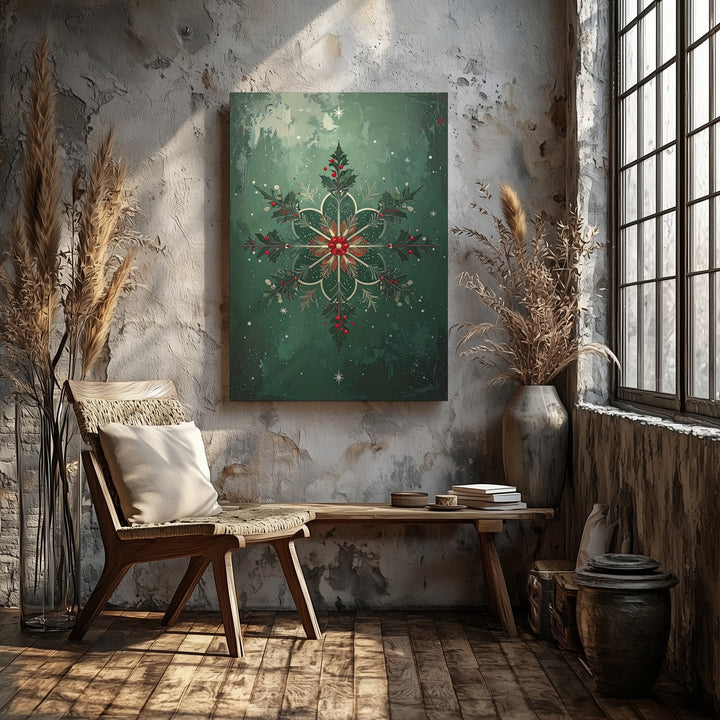 Floral Holly Snowflake Canvas – Elegant Nature-Inspired Christmas Wall Art - Gifitto