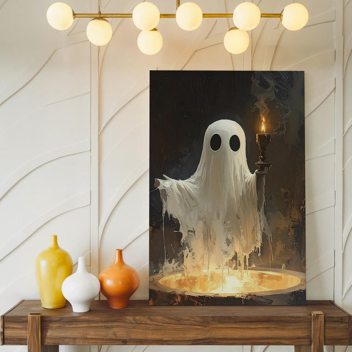 Candle-Holding Ghost Canvas – Stylized Halloween Spirit with Glowing Light - Gifitto