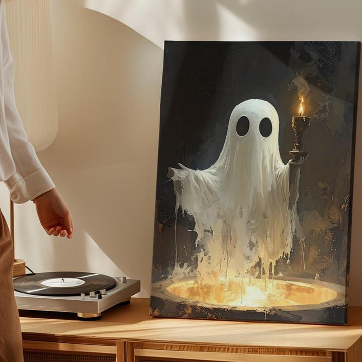 Candle-Holding Ghost Canvas – Stylized Halloween Spirit with Glowing Light - Gifitto