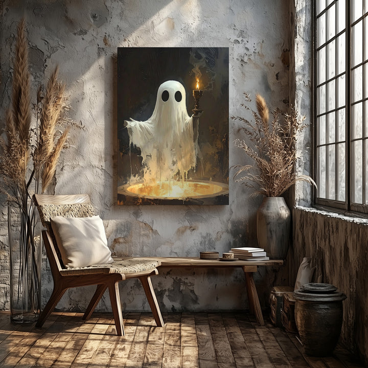 Candle-Holding Ghost Canvas – Stylized Halloween Spirit with Glowing Light - Gifitto
