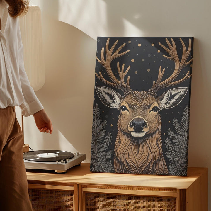 Nordic Deer Illustration Canvas – Rustic Folk Art Christmas Wall Decor - Gifitto