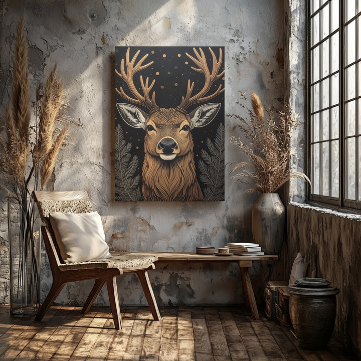 Nordic Deer Illustration Canvas – Rustic Folk Art Christmas Wall Decor - Gifitto