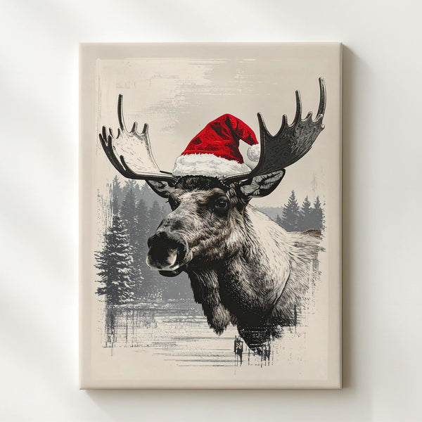 Santa Hat Reindeer Canvas – Playful Monochrome Christmas Wall Art - Gifitto