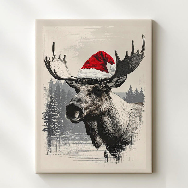 Santa Hat Reindeer Canvas – Playful Monochrome Christmas Wall Art - Gifitto