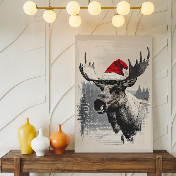 Santa Hat Reindeer Canvas – Playful Monochrome Christmas Wall Art - Gifitto