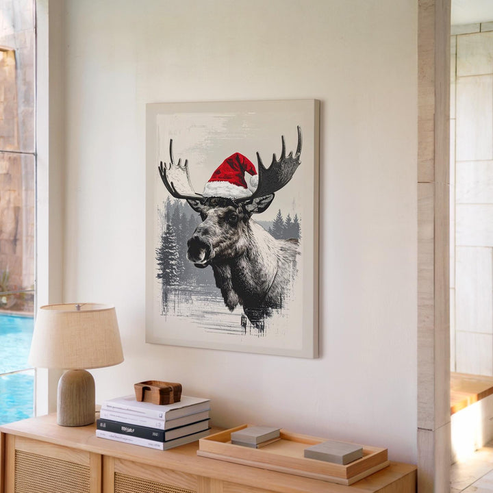 Santa Hat Reindeer Canvas – Playful Monochrome Christmas Wall Art - Gifitto