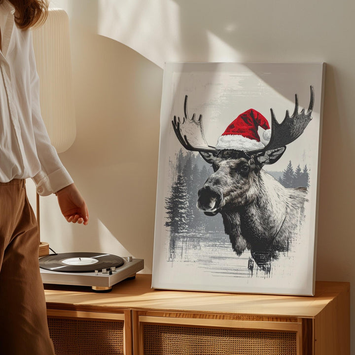 Santa Hat Reindeer Canvas – Playful Monochrome Christmas Wall Art - Gifitto