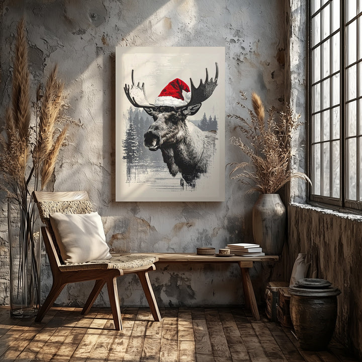 Santa Hat Reindeer Canvas – Playful Monochrome Christmas Wall Art - Gifitto